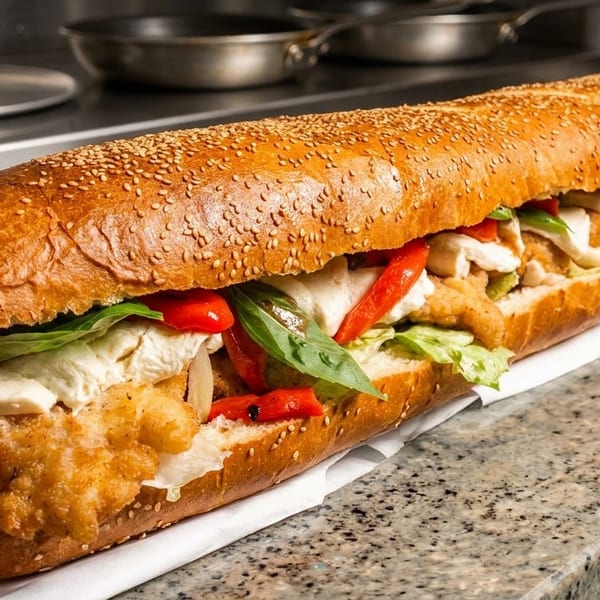 A long sub sandwich filled with fried chicken, red peppers, mozzarella, lettuce, and basil on a kitchen counter.