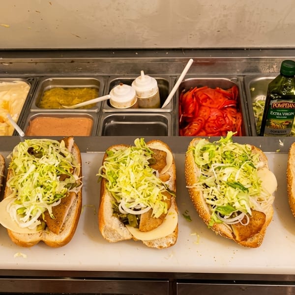 Five subs with lettuce, cheese, and onions on a counter, with a cold bar of ingredients.
