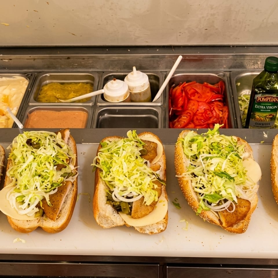 Five subs with lettuce, cheese, and onions on a counter, with a cold bar of ingredients.