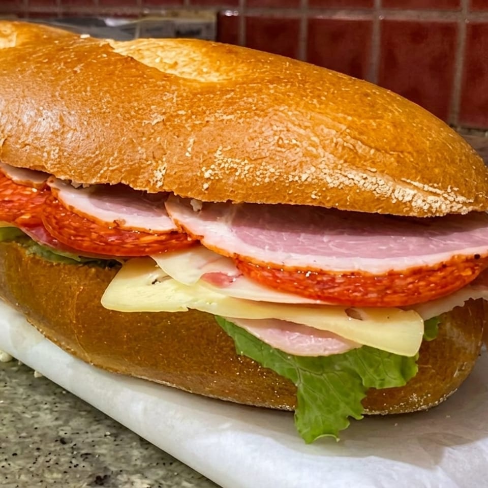 A large sub sandwich filled with ham, pepperoni, cheese, and lettuce on a crusty roll.