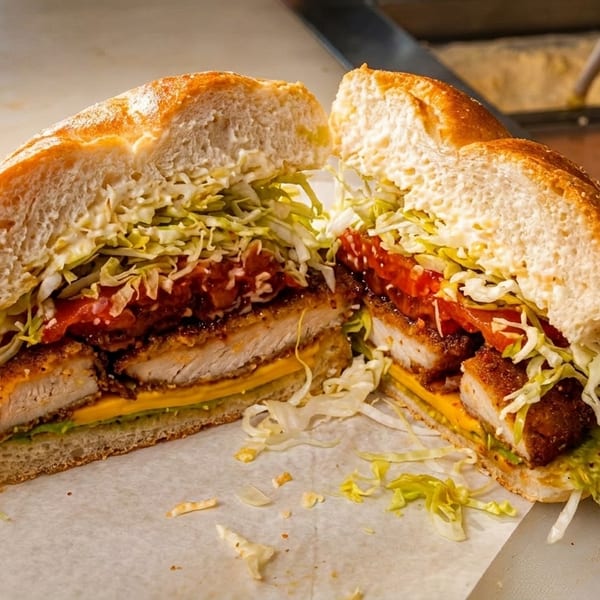 Large chicken cutlet sandwich, sliced in half, with lettuce, tomato, and cheese on a counter.