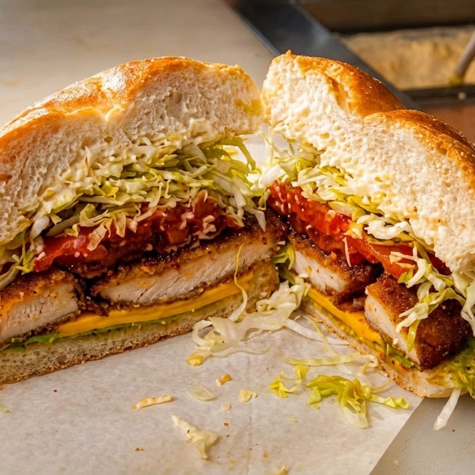 Large chicken cutlet sandwich, sliced in half, with lettuce, tomato, and cheese on a counter.