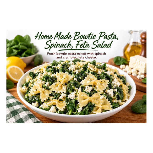 Home Made Bowtie Pasta, Spinach, Feta Salad (0.25 lb. increments).