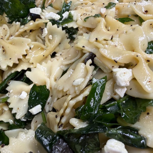 Home Made Bowtie Pasta, Spinach, Feta Salad.